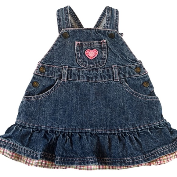 The Children's Place Other - Early 2000s The Children’s Place 3-6M Denim Overall Dress Pink Plaid Ruffle